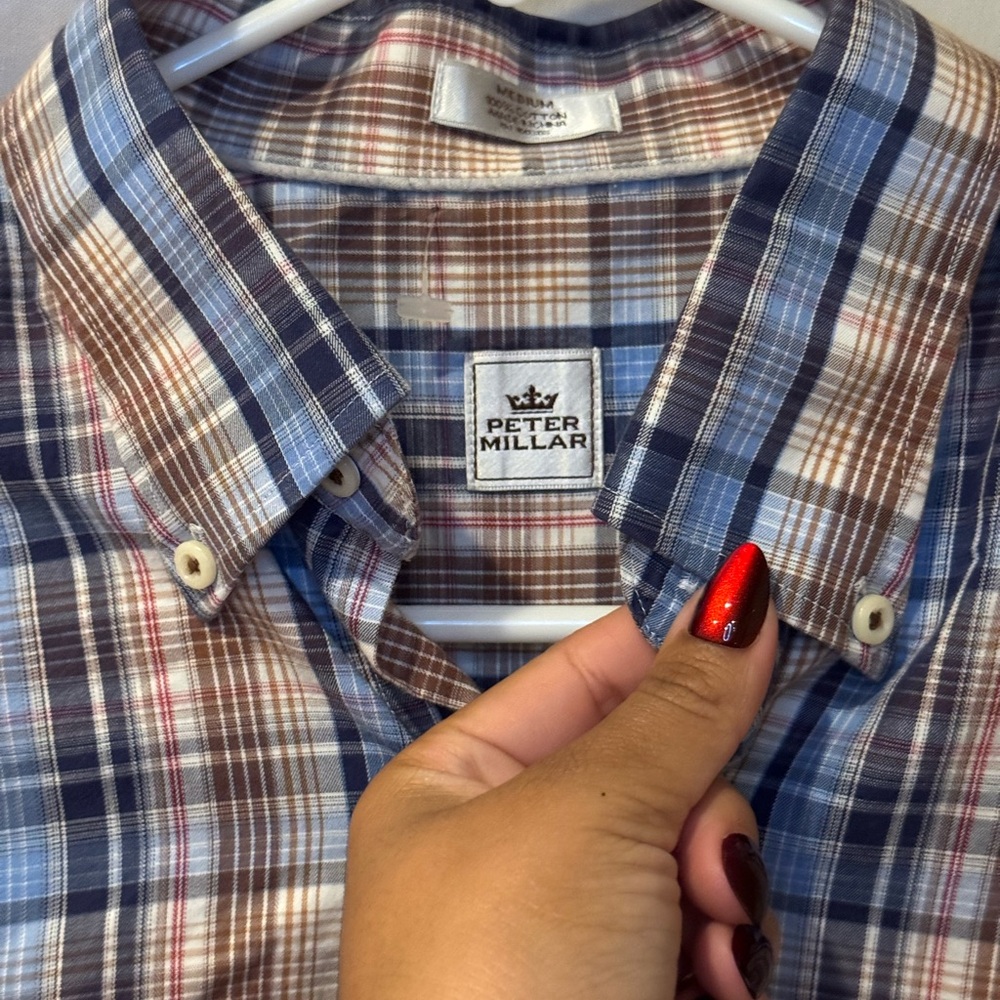 Peter Millar Men's Casual Plaid Shirt - Blue, Brown, and Red